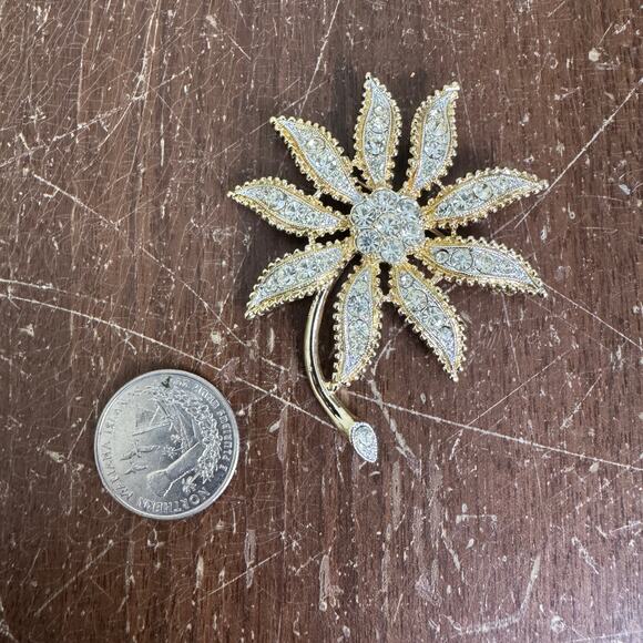 Emmons Silver Tone White Rhinestone Flower Floral Stem Brooch Pin - Picture 4 of 4